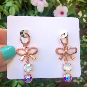 White Opal + Aurora Borealis Crystal Rose Gold Bow Earrings